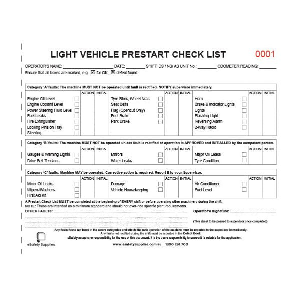 Light Vehicle Prestart Checklist Books