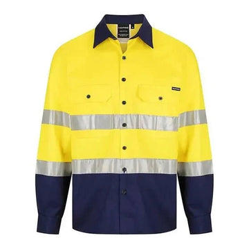 Norss HiVis Two Tone - Reflective Cotton Drill Shirt Yellow Navy Long Sleeve 2.1 kg Yellow/Navy