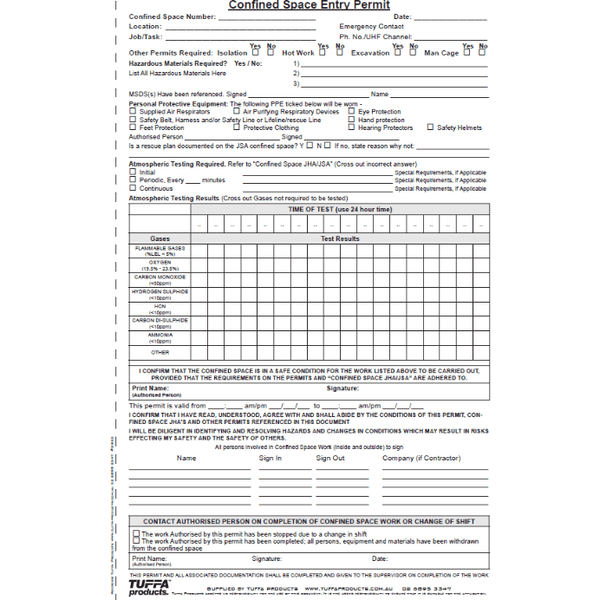 Confined Space Permit Books