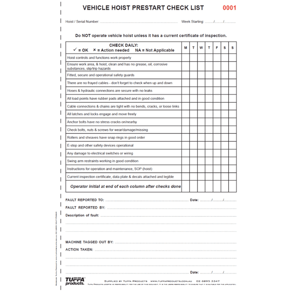 Vehicle Hoist Prestart Checklist Books